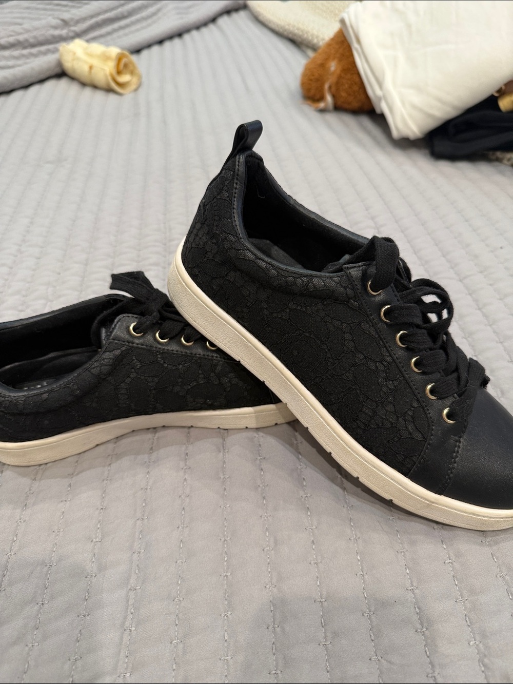 White House Black Market Black Lace Sneakers with Cream Sole